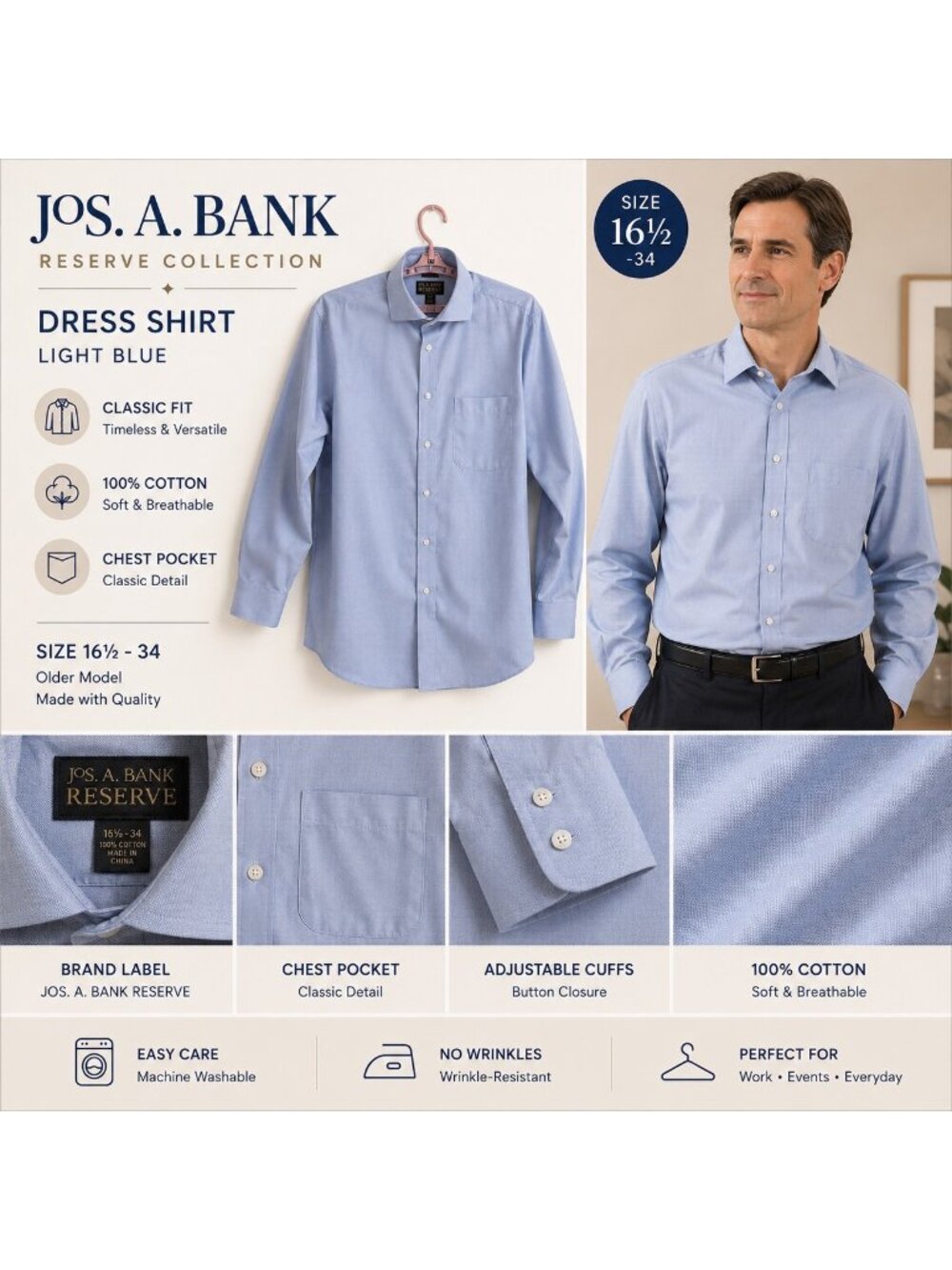 Mens JOS A. Bank Reserve No Wrinkle Shirt Blue 16.5/34 100% Egyptian Cotton